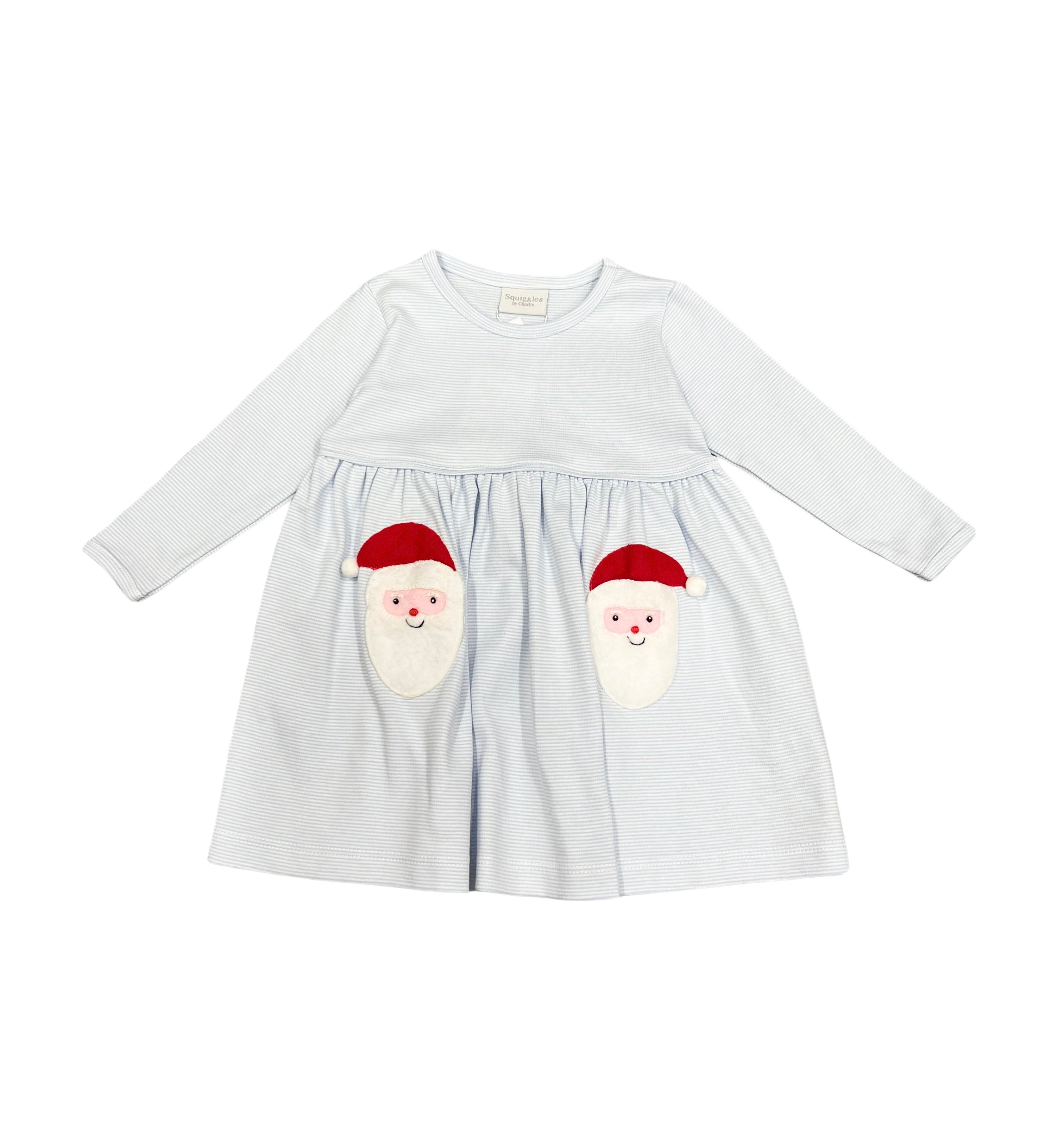 Squiggles Sherpa Santa Pocket Popover Dress, Blue Mini Stripe