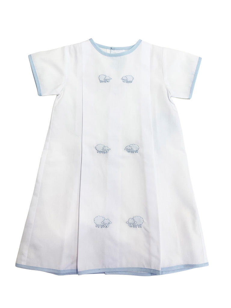 Auraluz Embroidered Day Gown, White with Blue Row of Lambs