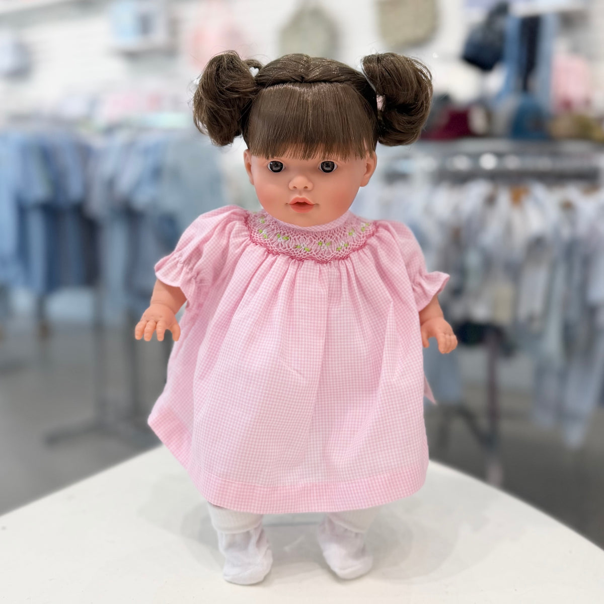 Rosalina Sarah Brunette Doll with Pink Gingham Bishop