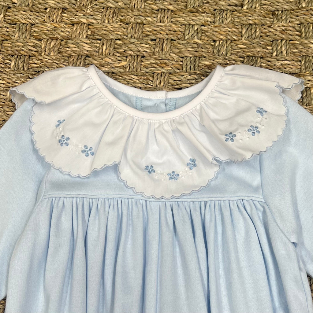 Auraluz Blue Knit Longall with Satin Flower Embroidery