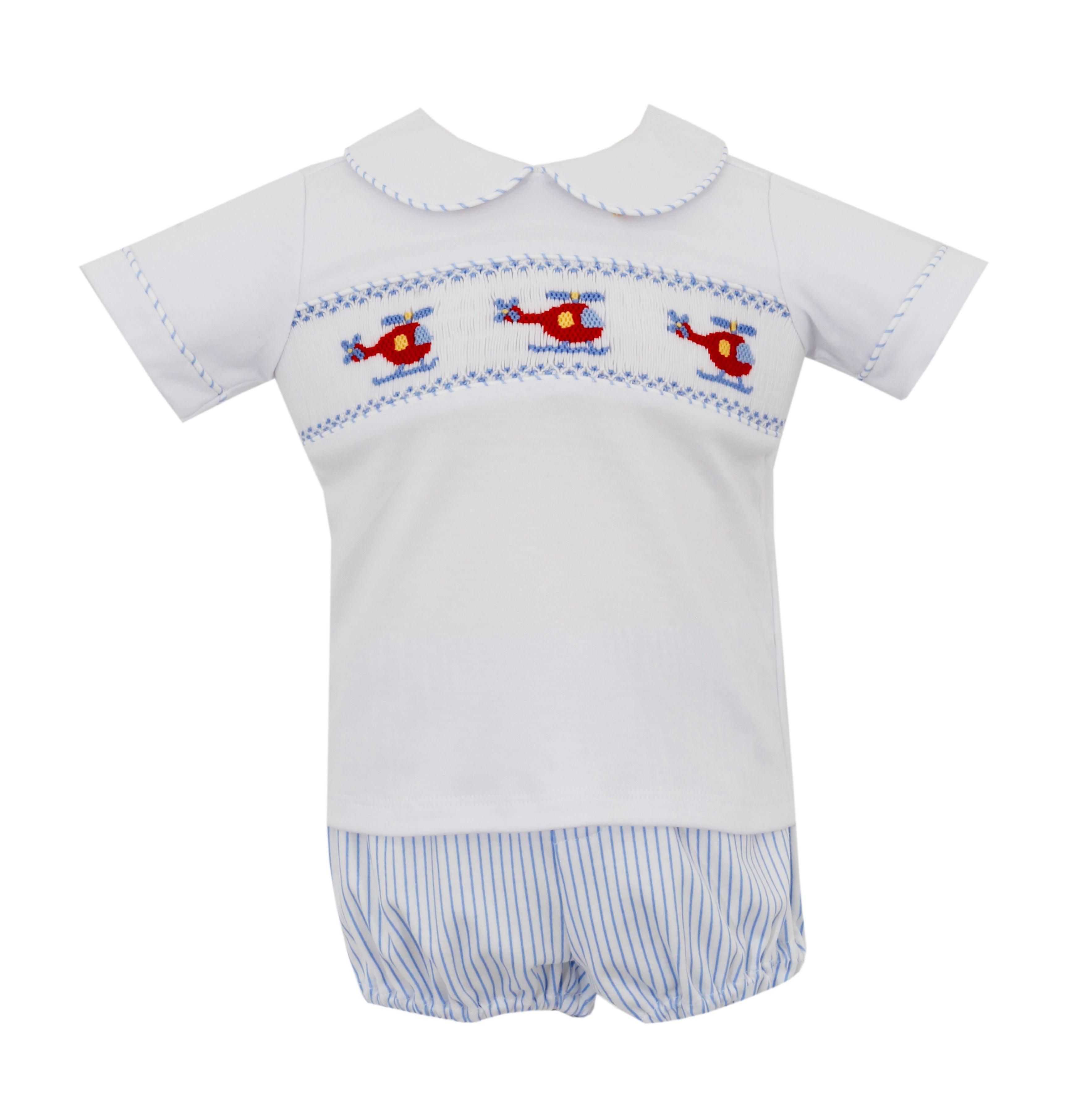 Petit Bebe Blue Stripe Knit Diaper Set with Helicopter Smocking - shopnurseryrhymes