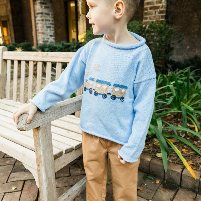 Bailey Boys Rollneck Sweater, Train on Blue