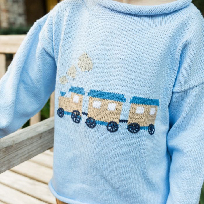 Bailey Boys Rollneck Sweater, Train on Blue