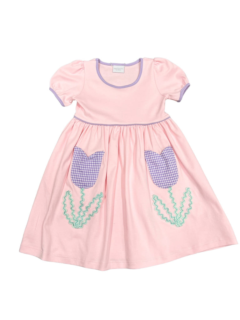 Squiggles Pink Popover Dress with Purple Gingham Tulip Pockets