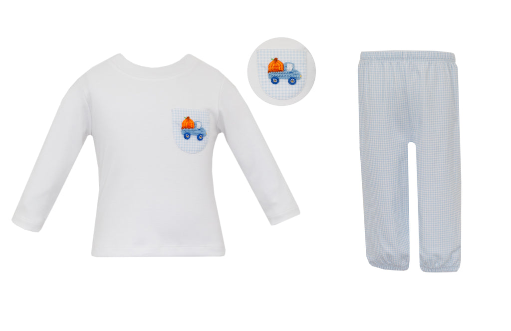 Petit Bebe Pumpkin Light Blue Gingham Pant Set