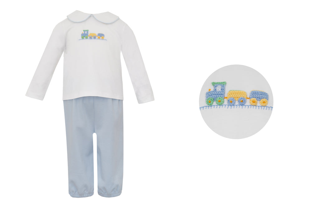 Petit Bebe Blue & White Knit Train Pant Set