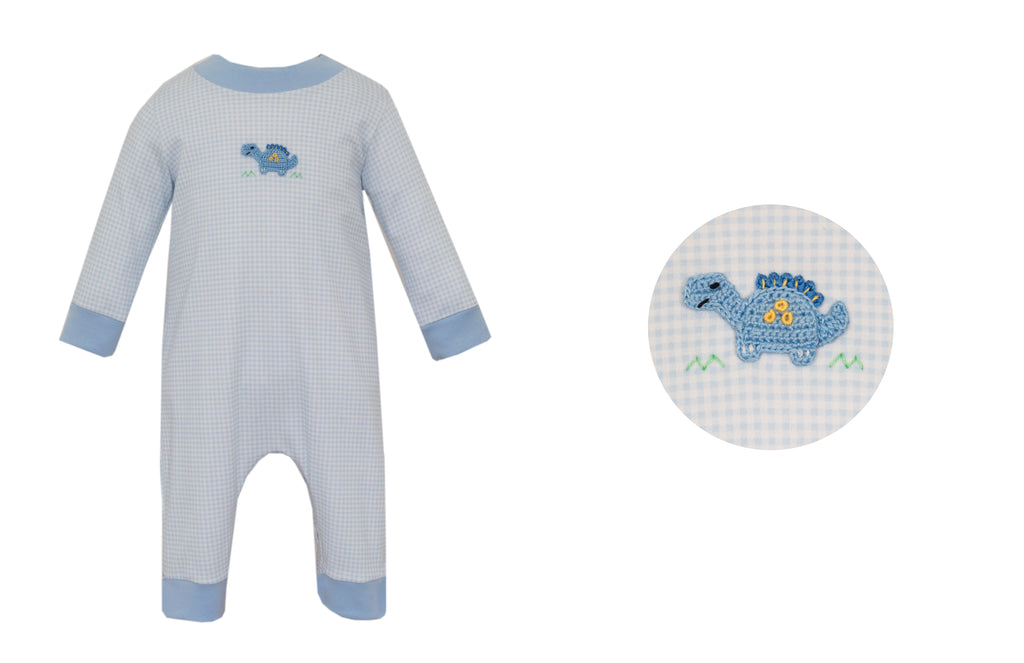 Petit Bebe Dinosaur Blue Gingham Knit Romper