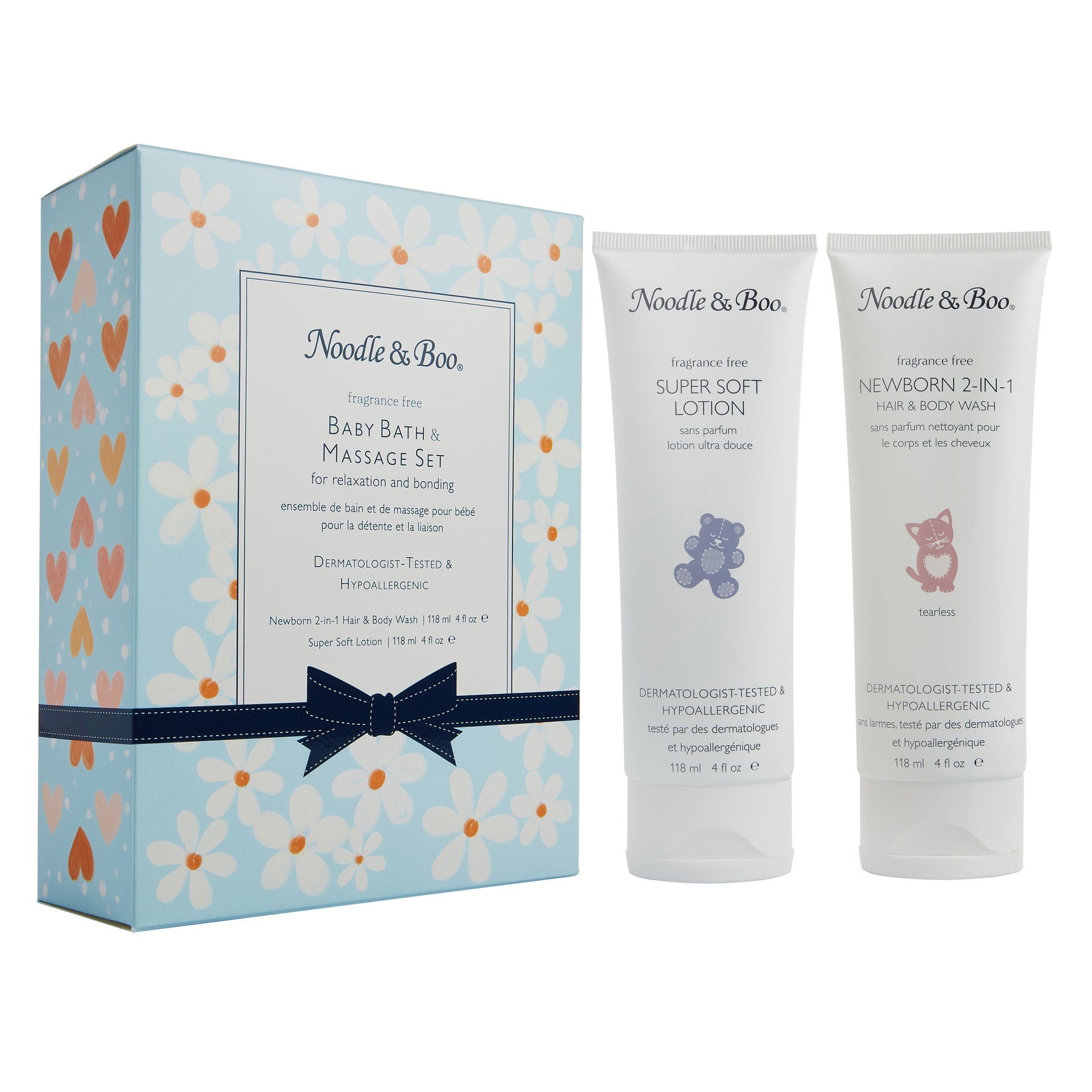 Noodle & Boo Baby Bath & Massage Gift Set, Blue Hearts & Daisies
