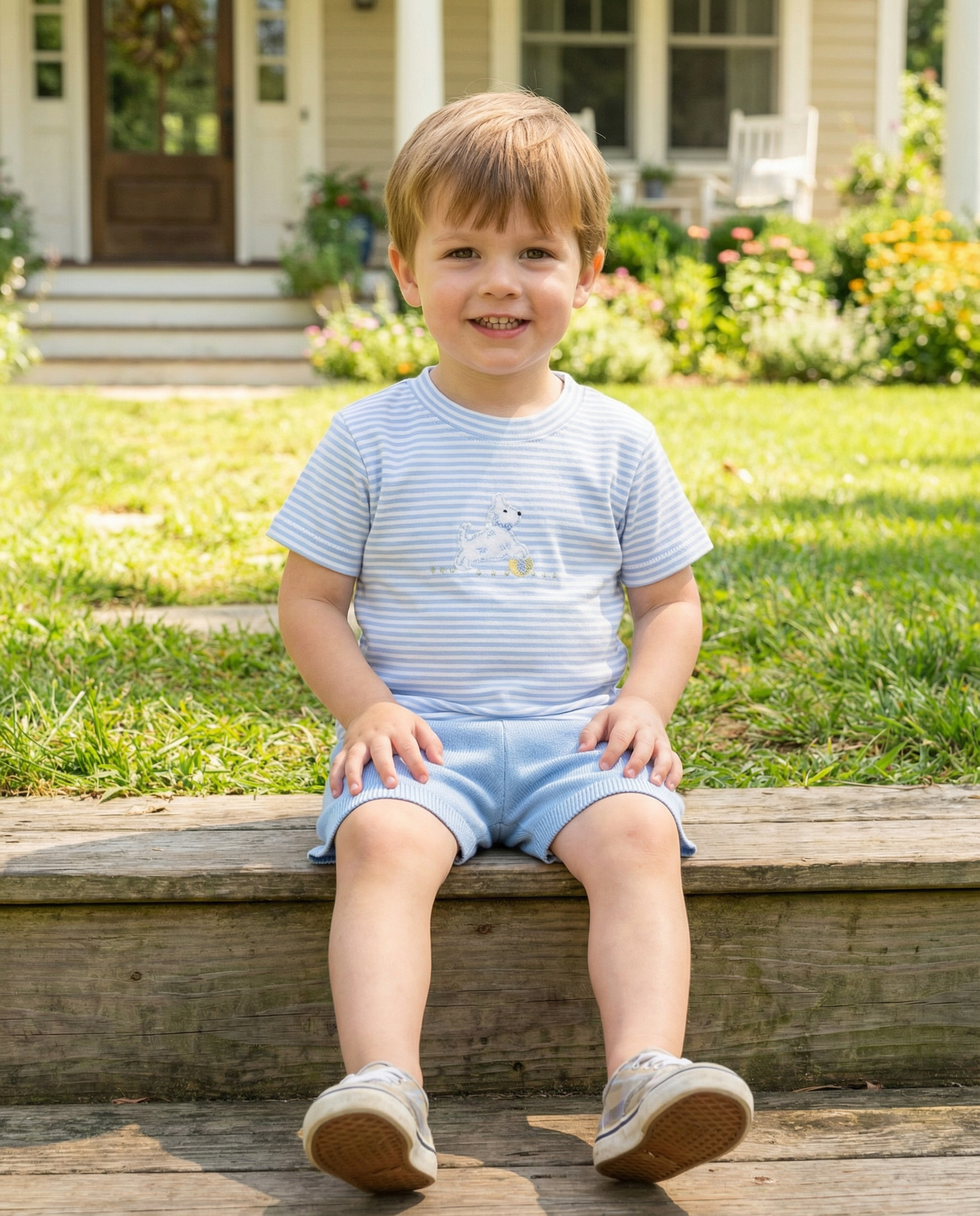 Squiggles T- Shirt Dog with Ball on Light Blue Stripe