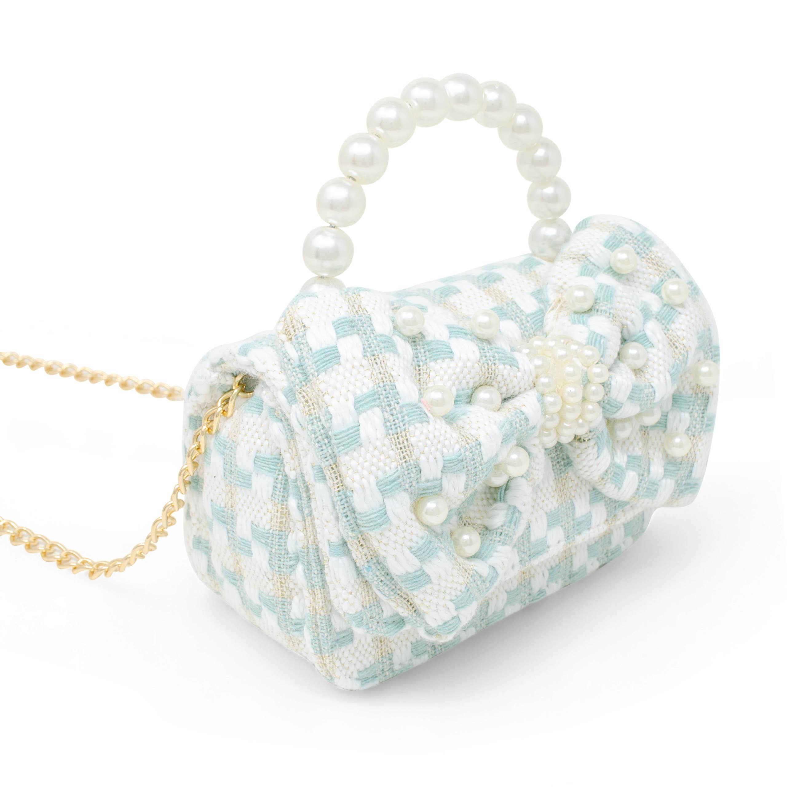 Zomi Gems Tweed Jumbo Pearl Bow Handbag