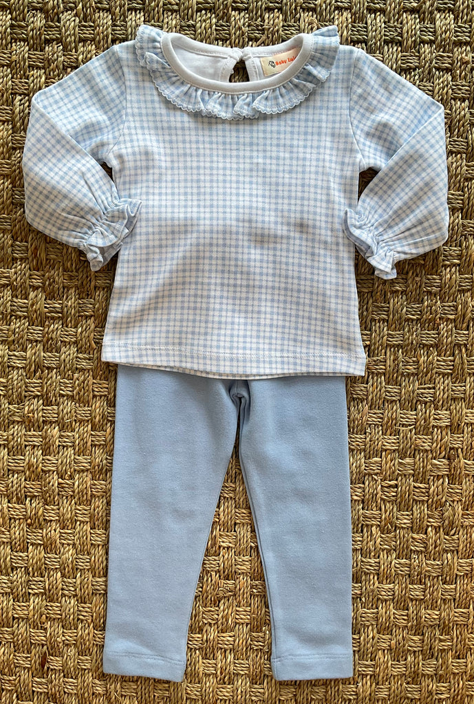 Luigi Ruffle Blouse, Sky Blue Windowpane