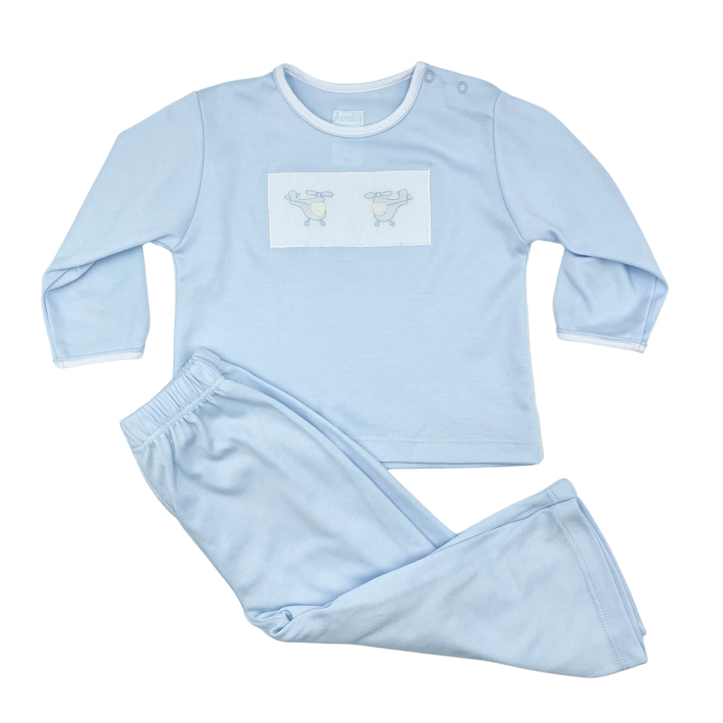 Auraluz Blue 2 Piece Knit Set with Helicopter Embroidery