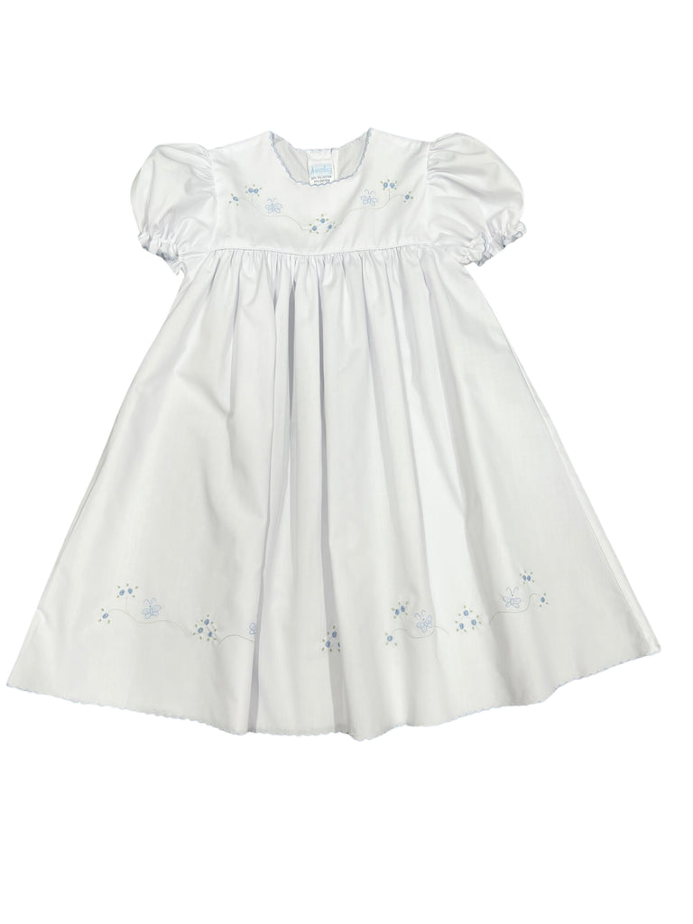 Auraluz White Dress with Blue Rosebud Embroidery and Blue Trim
