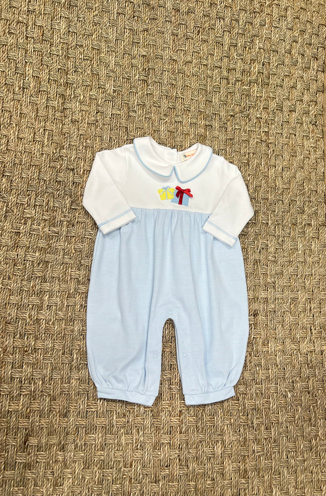 Luigi Collared Romper, Two Gifts on Baby Blue Stripe