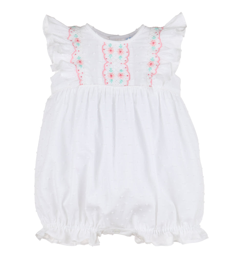 Luli & Me Summer Dotted Smock Bubble, White