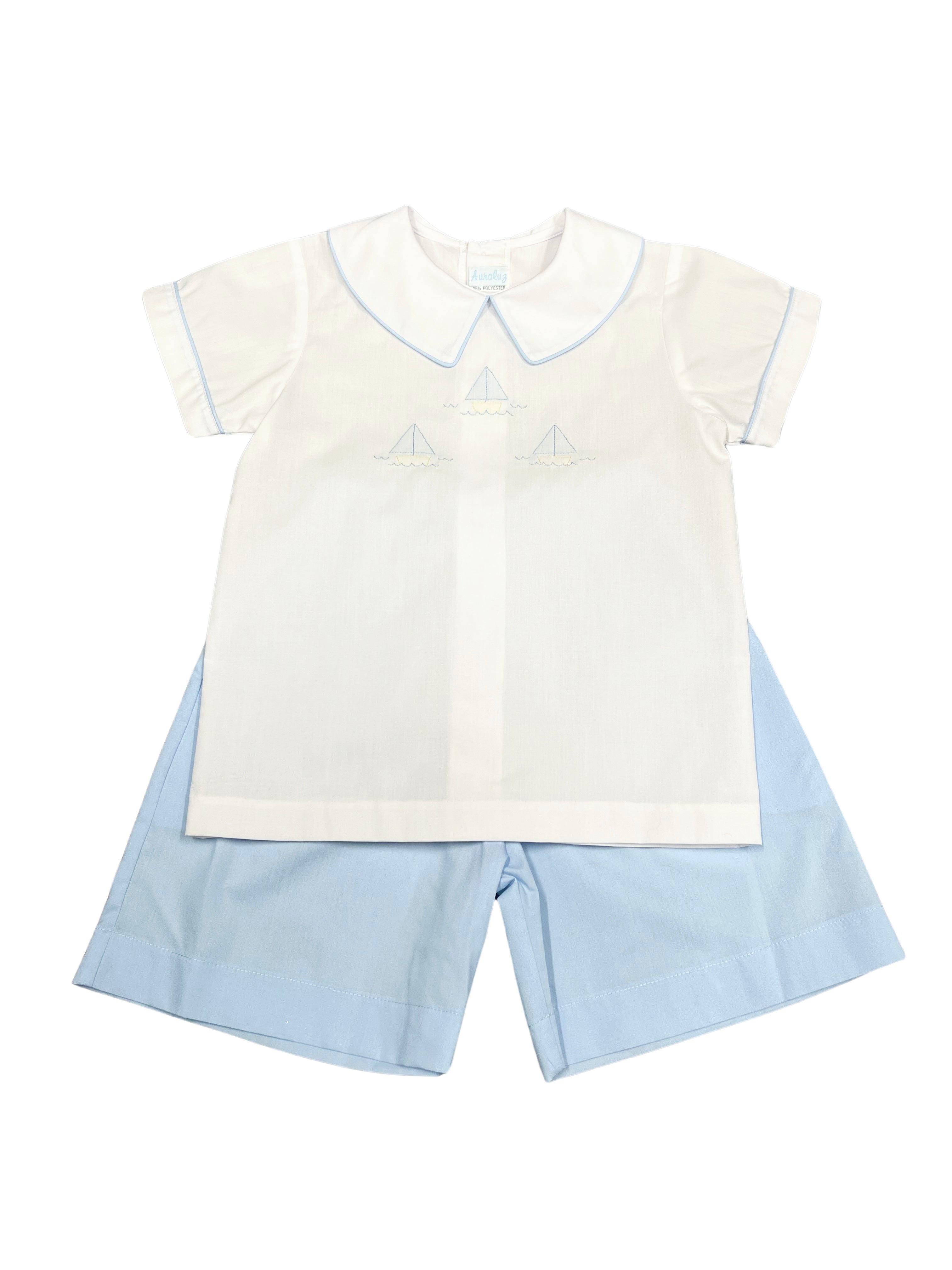 Auraluz Blue & White Short Set with Sailboat Embroidery