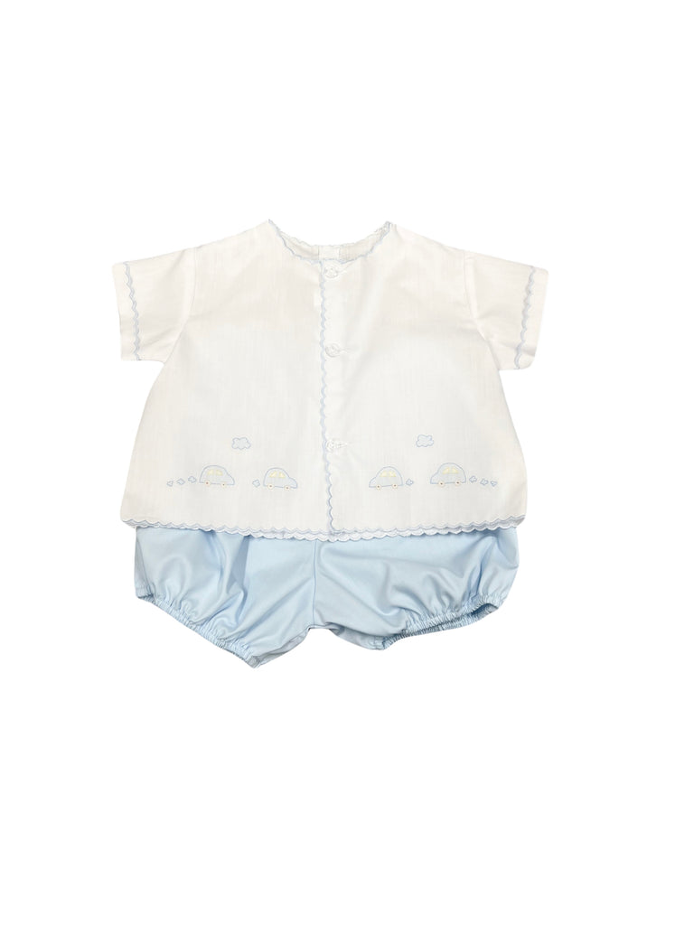 Auraluz White Scalloped Diaper Set, Blue with Row of Cars