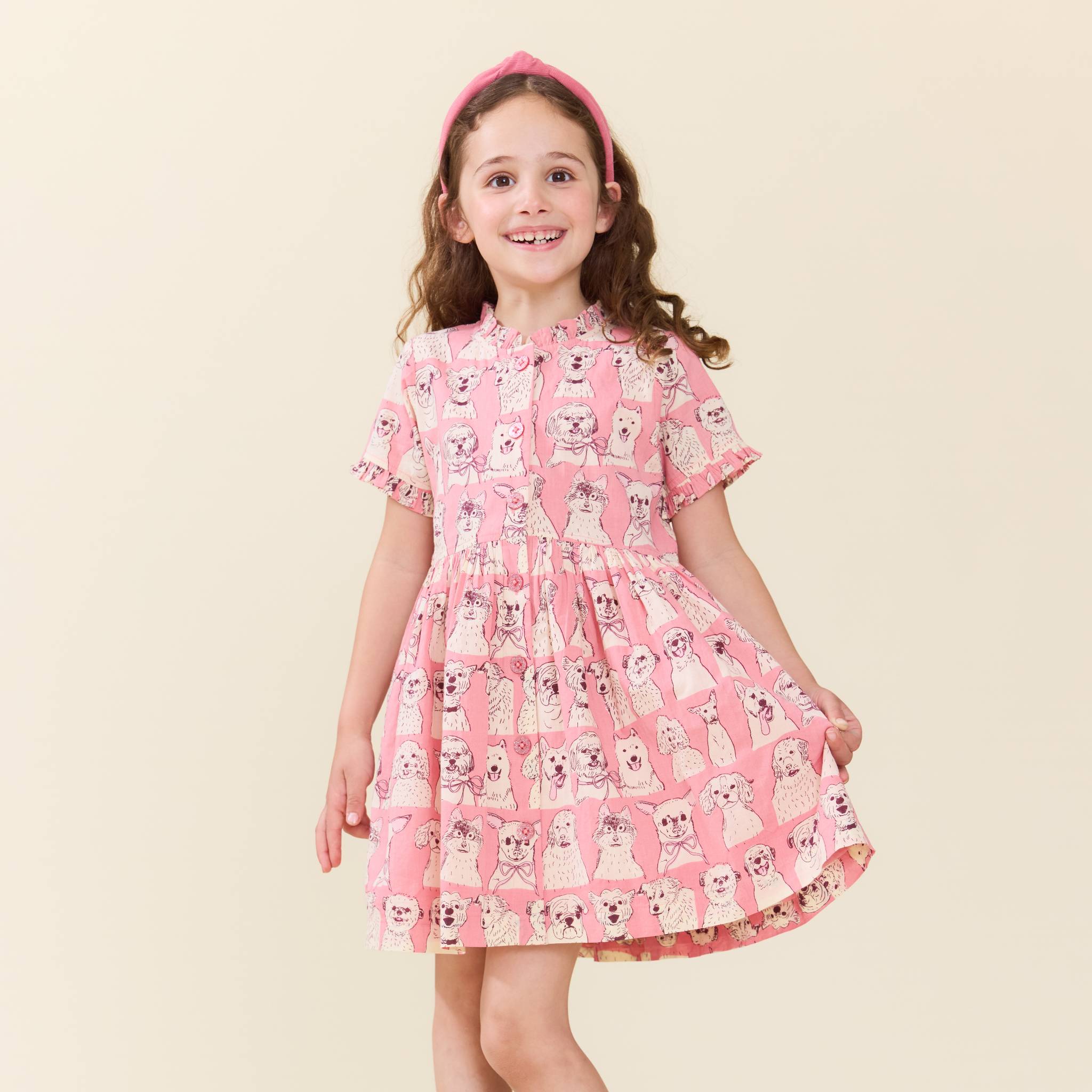 Pink Chicken Autumn Dress, Pink Sketched Dogs
