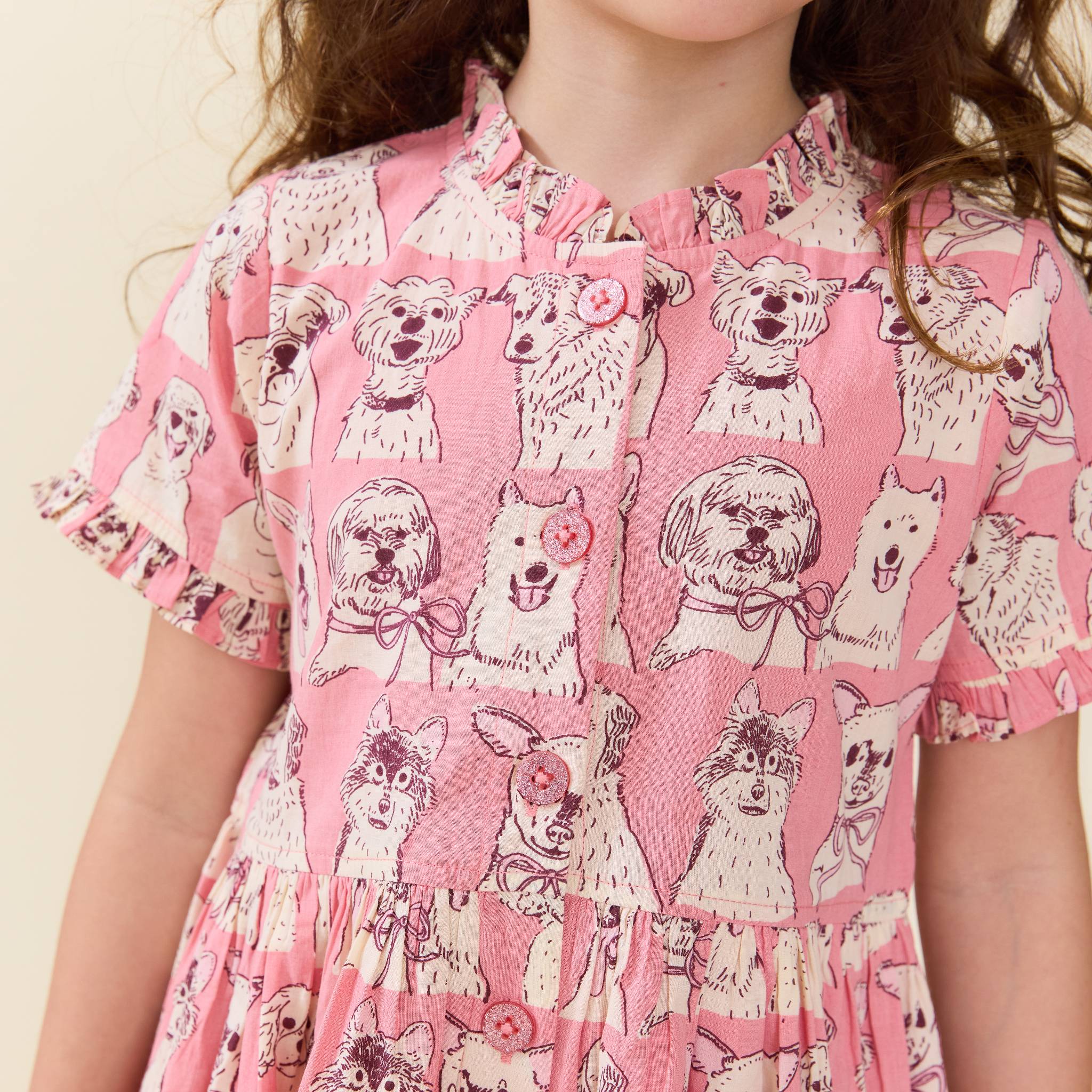 Pink Chicken Autumn Dress, Pink Sketched Dogs