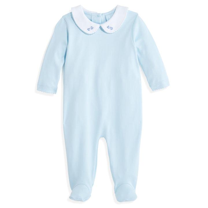 Bella Bliss Embroidered Collared Pima Footie, Blue with Blue Hearts - shopnurseryrhymes