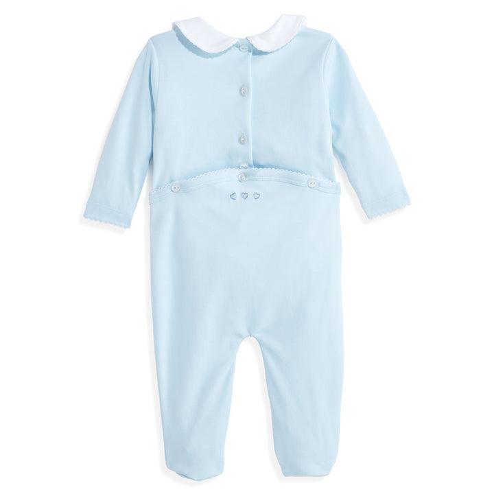 Bella Bliss Embroidered Collared Pima Footie, Blue with Blue Hearts - shopnurseryrhymes