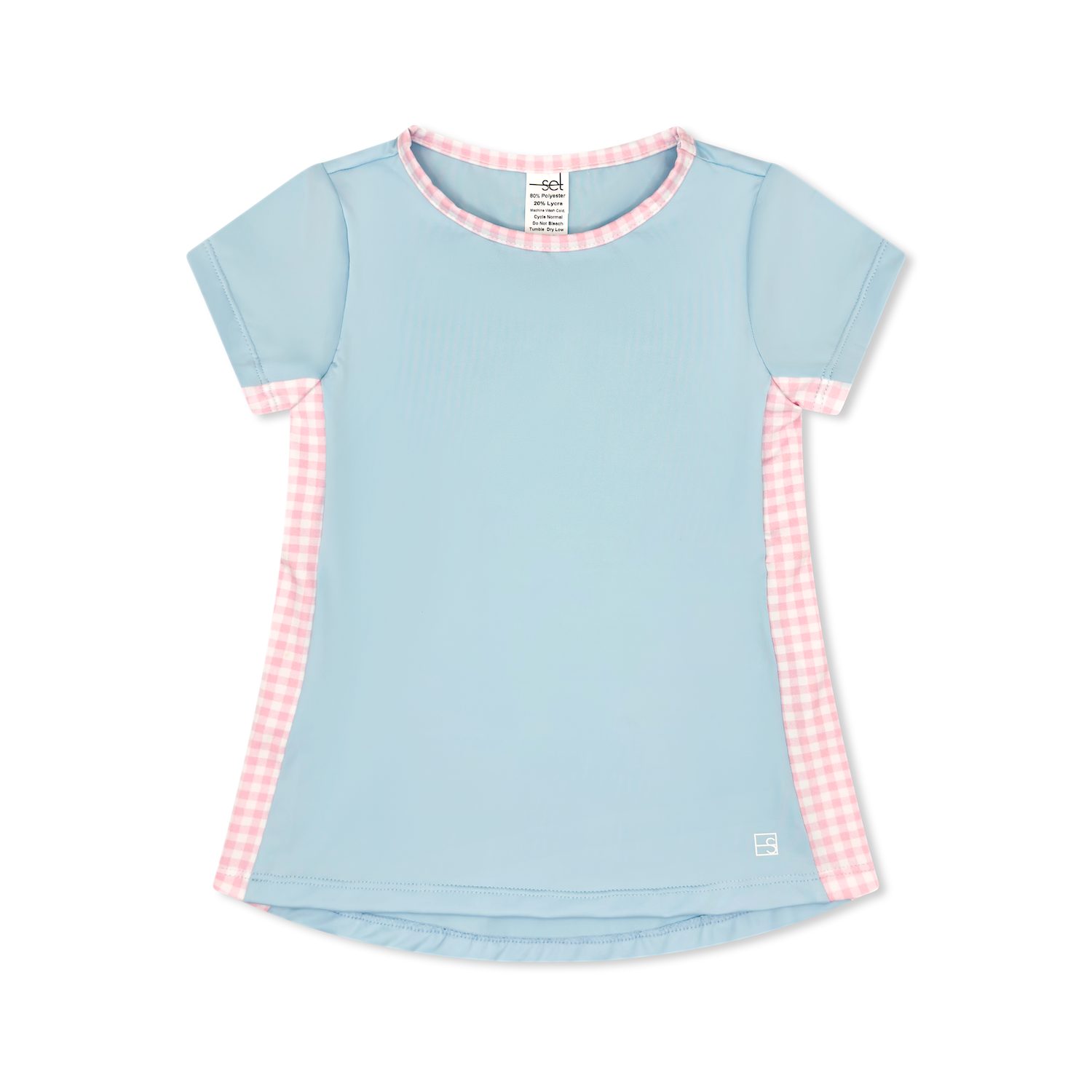 Light blue shirt with pink checkered sleeves on a white background