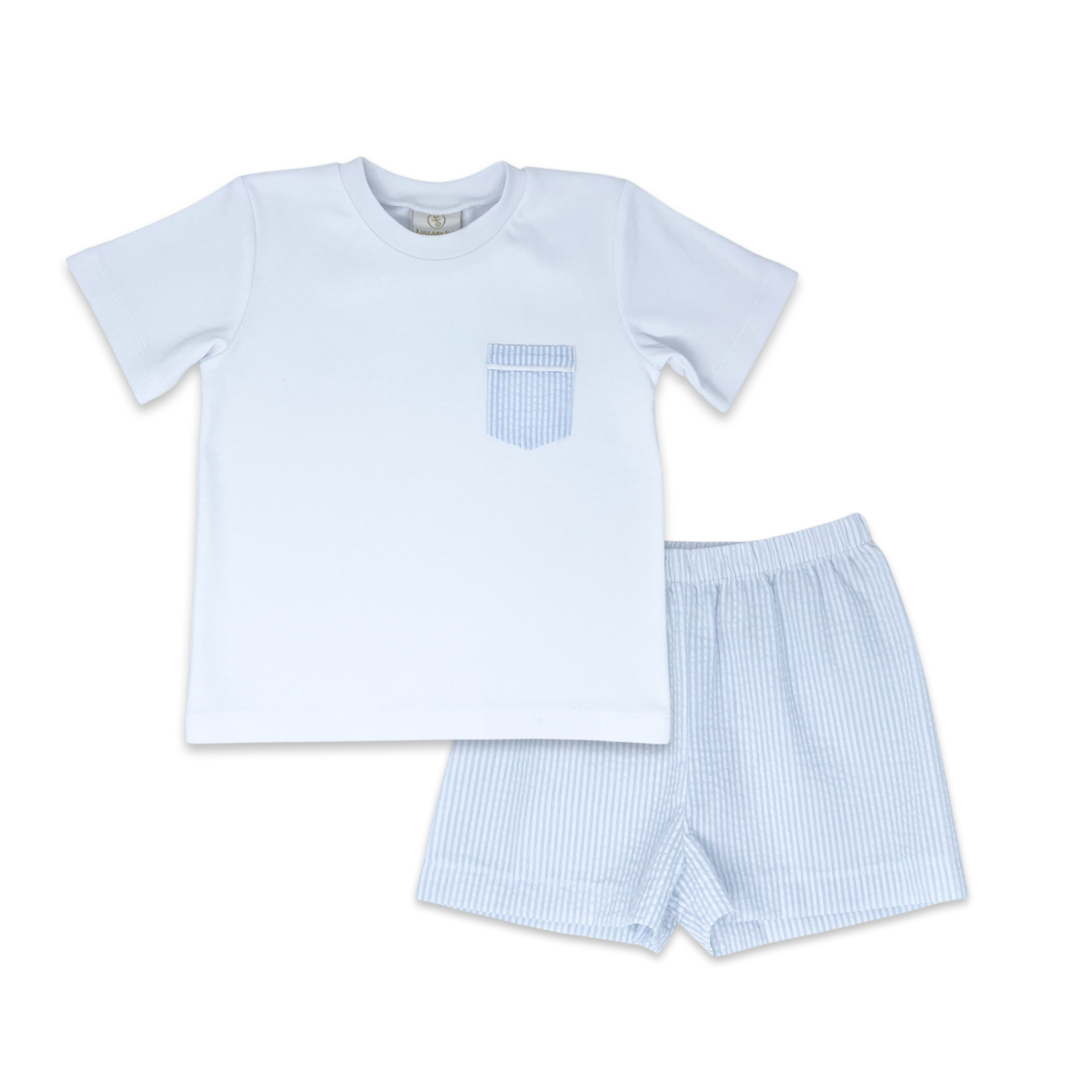 Lullaby Set Charlie Short Set, White & Summer Blue Seersucker