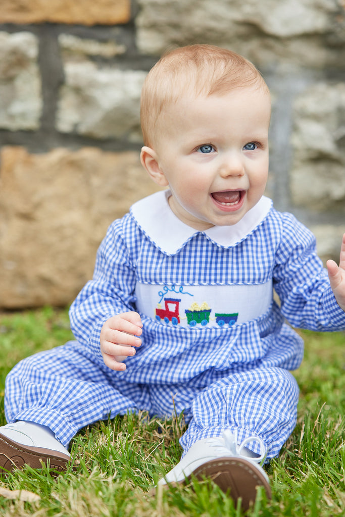 Little English Chest Smocked Romper, Train