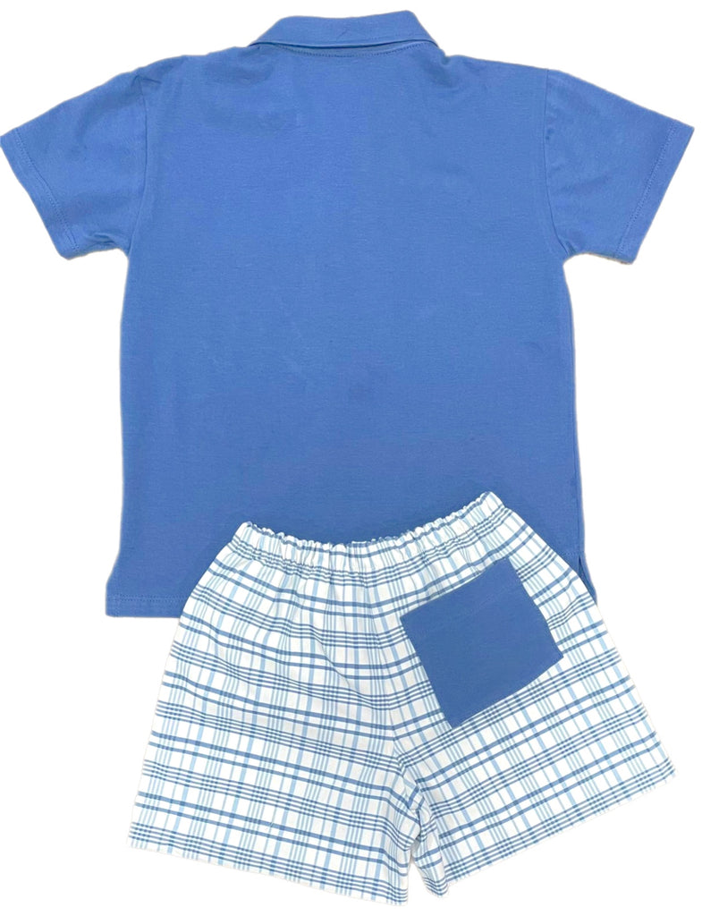 James & Lottie Blue Polo with White Puppy, Blue Plaid Collection