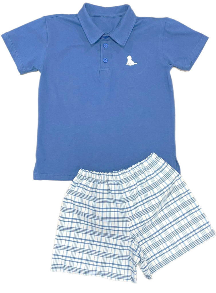 James & Lottie Blue Polo with White Puppy, Blue Plaid Collection