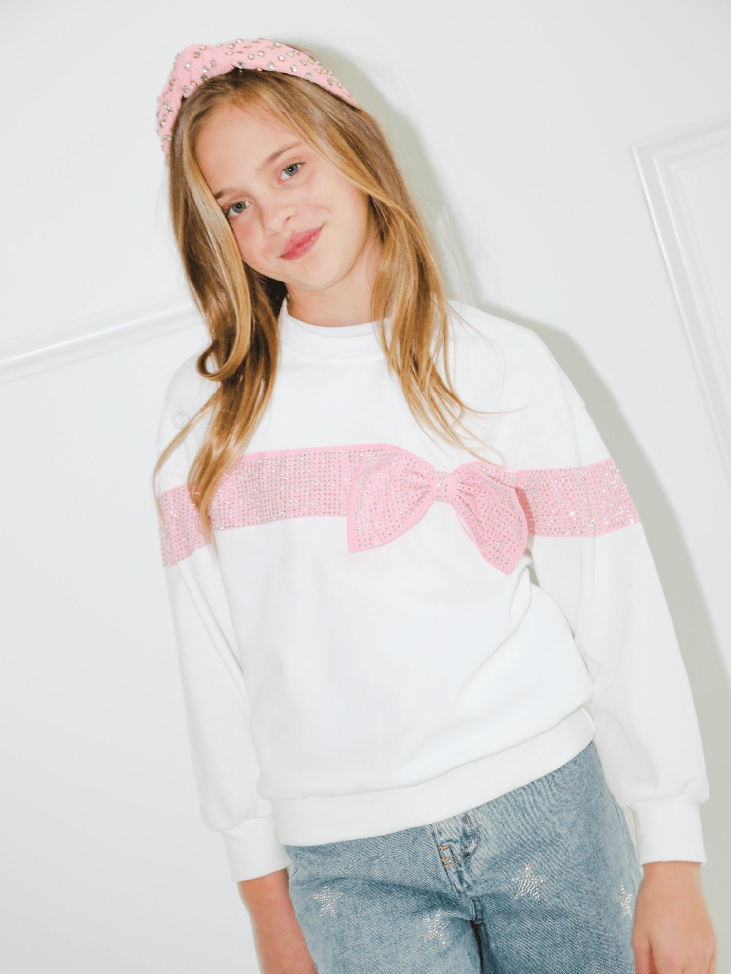 Lola & The Boys Crystal Bow Sweater