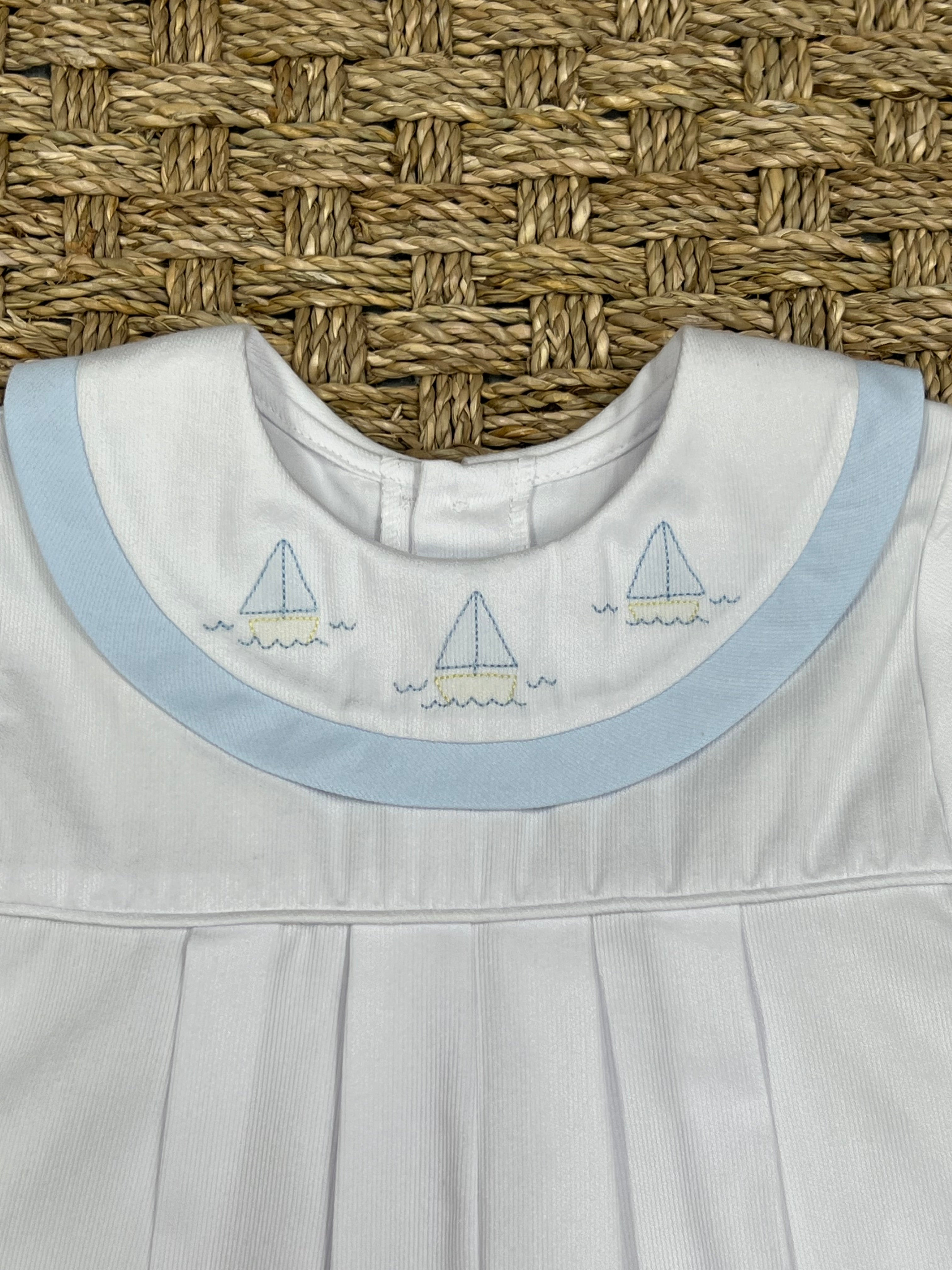 Auraluz White Pique Shortall with Blue Boat Embroidery