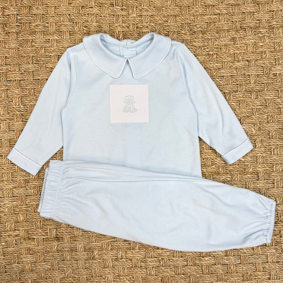 Auraluz Blue Knit Pant Set with Puppy Embroidery