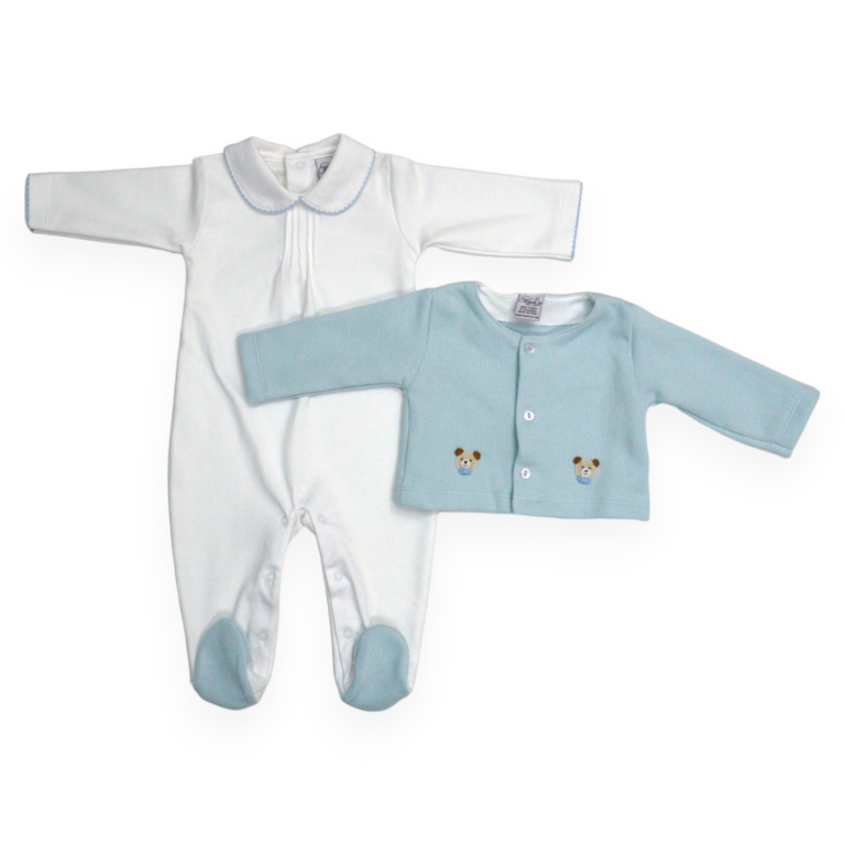 Marcela Cozy Bear Pima Cotton Footie & Cardigan Set, Blue