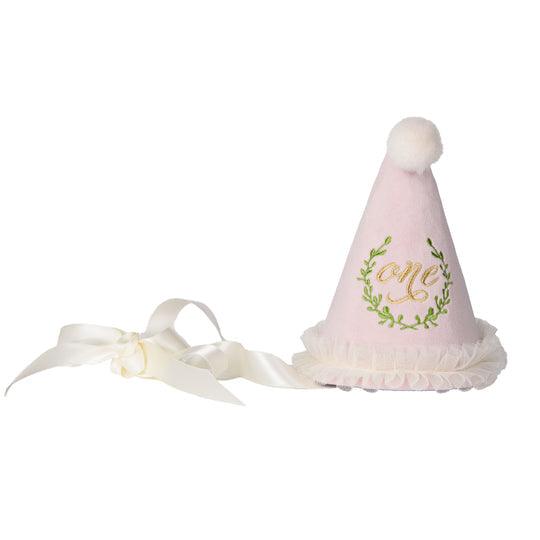 Over The Moon ONE Party Hat with Laurel Wreath Embroidery, Pink - shopnurseryrhymes