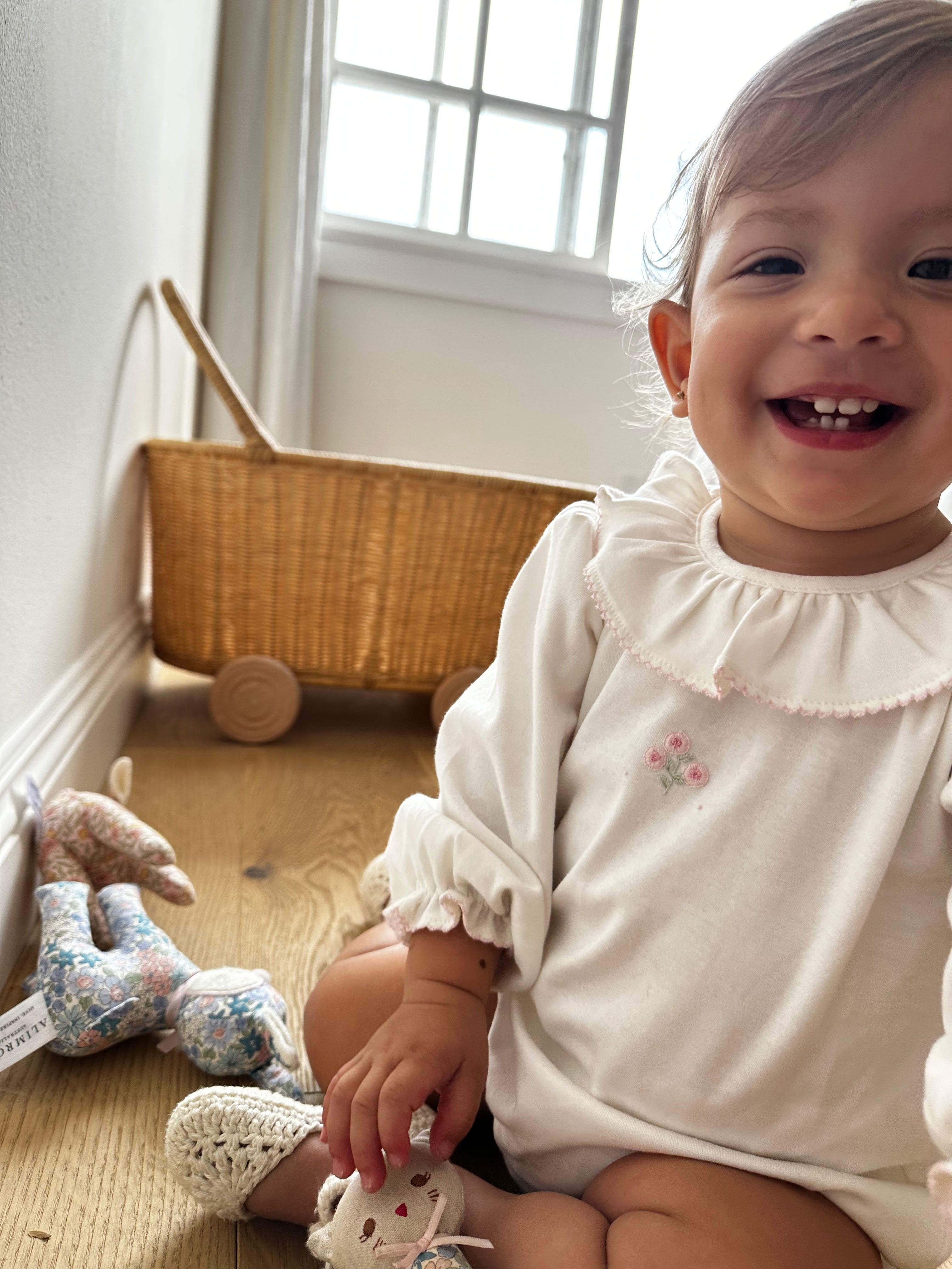 Baby Bloom Pima Ruffle White Bubble with Peony Embroidery