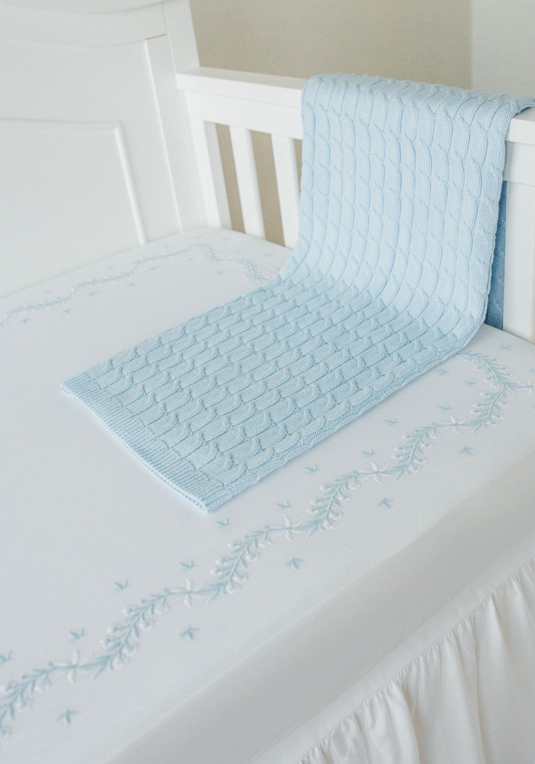 Little English Embroidered Crib Sheet, Sky