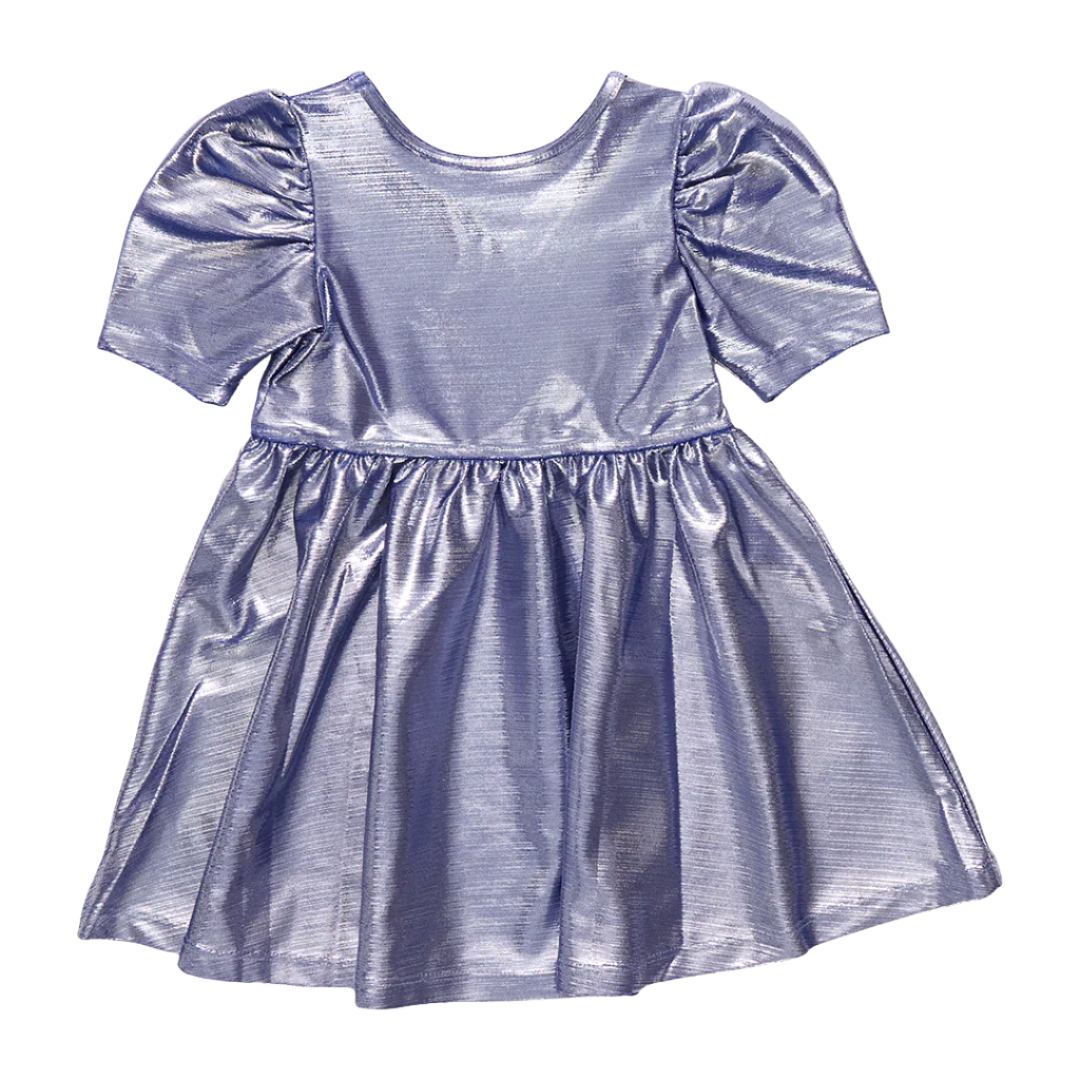 Metallic blue dress with puff sleeves on a white background