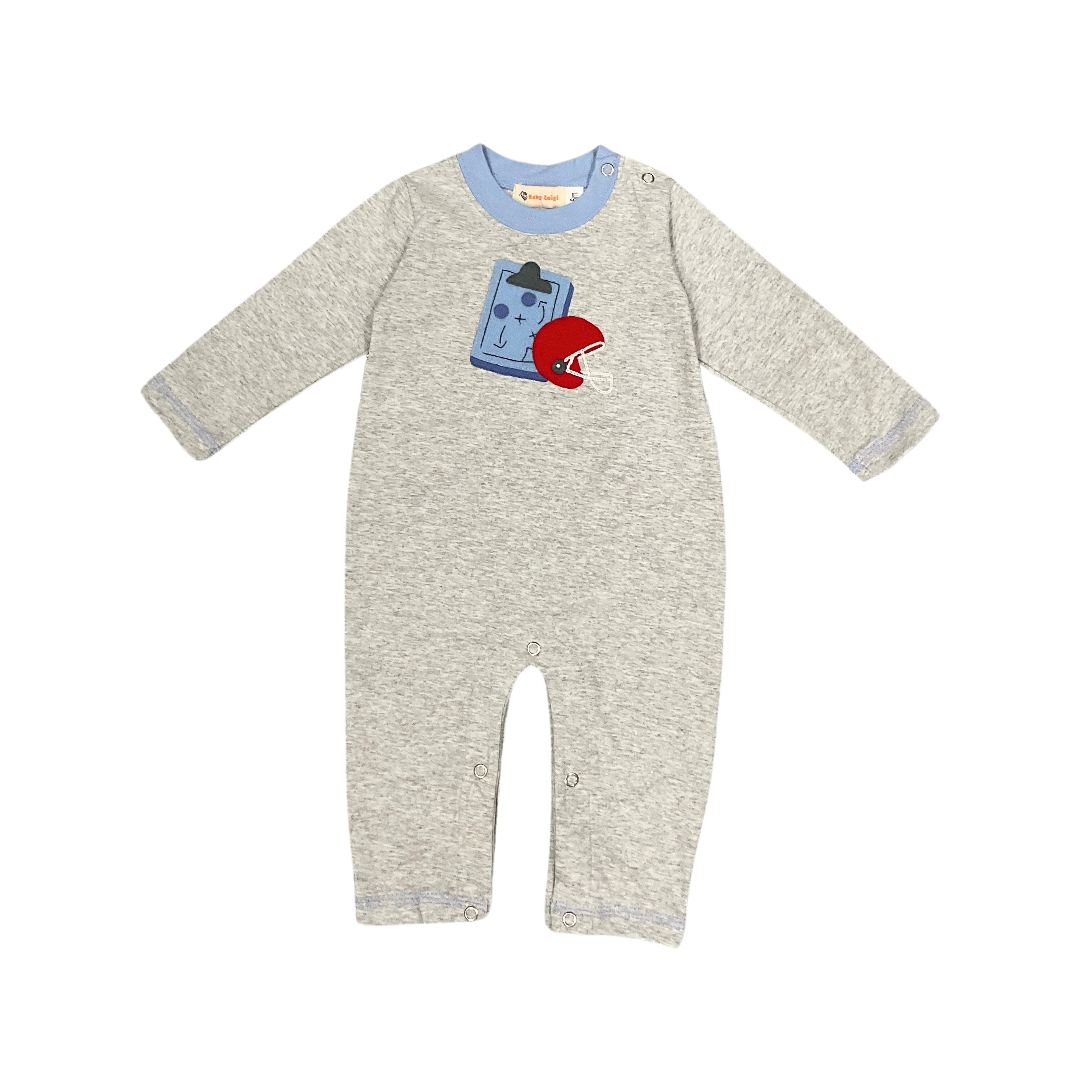 Luigi Jersey Romper, Clipboard & Football Helmet on Heather Gray/Sky Blue