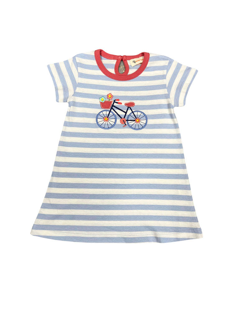 Luigi Dress, Bicycle with Flowers on Sky Blue Stripe/Nantucket Red