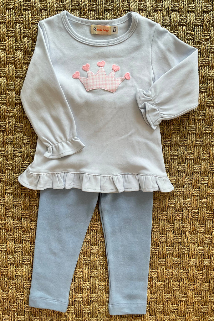 Luigi Ruffle Swing Top, Crown with Hearts on Baby Blue