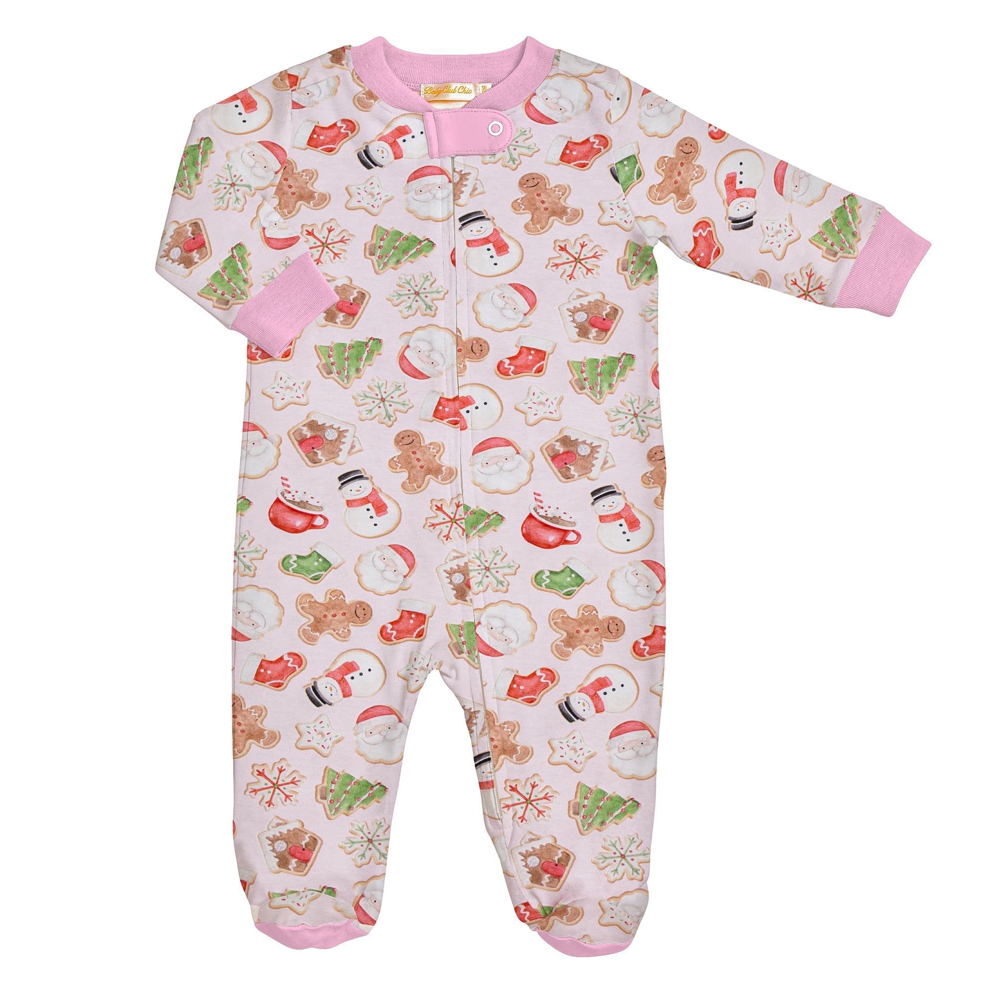 Baby Club Chic Santa's Treats Pink Printed Zipped Footie