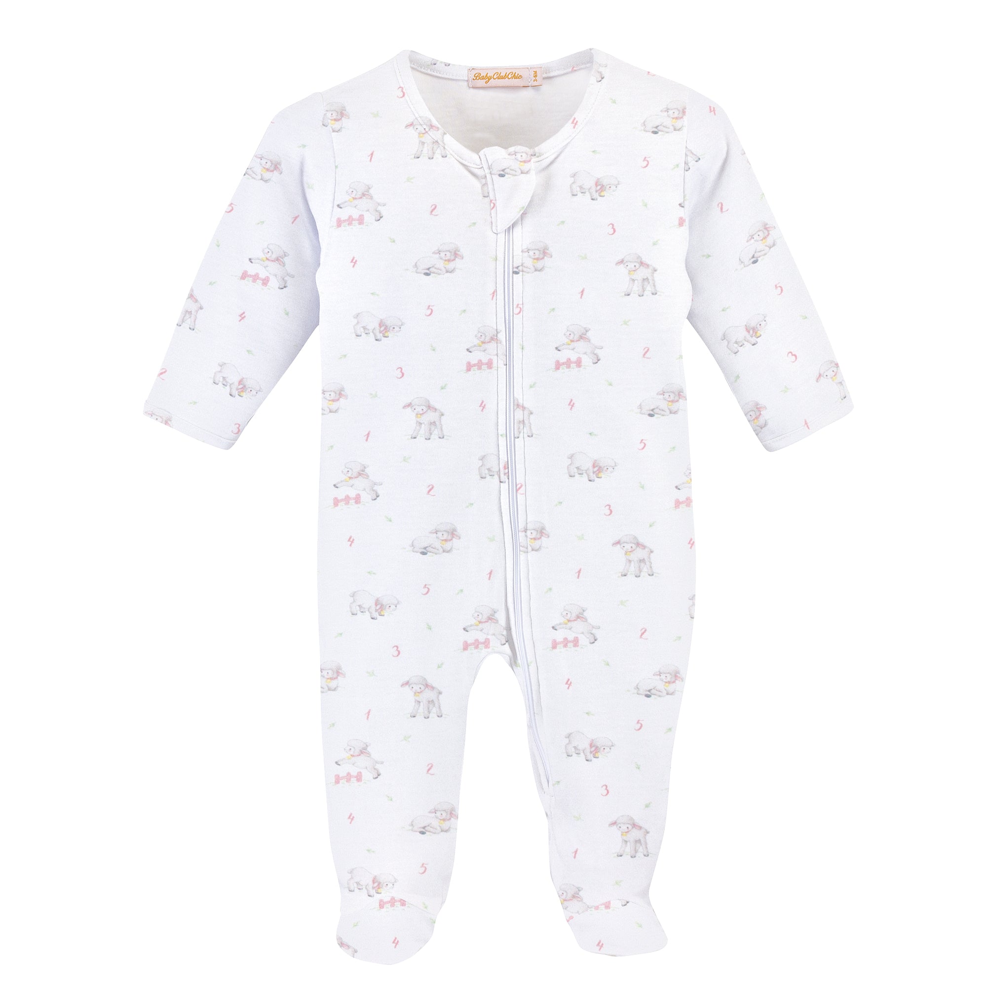 Baby Club Chic Tiny Baby Sheep Pink Printed Zipped Footie