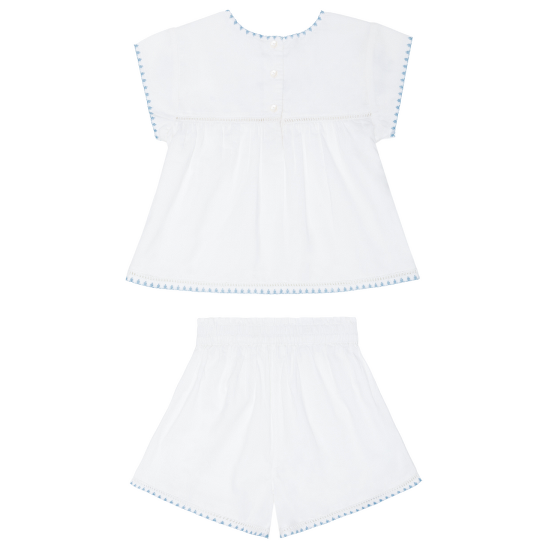 Minnow White Embroidered Top and Short with Dusk Blue Embroidery