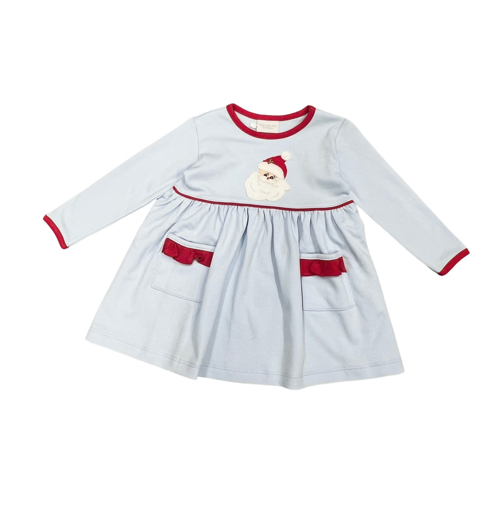 Squiggles Santa Face Popover Dress, Sky Blue with Red Trim