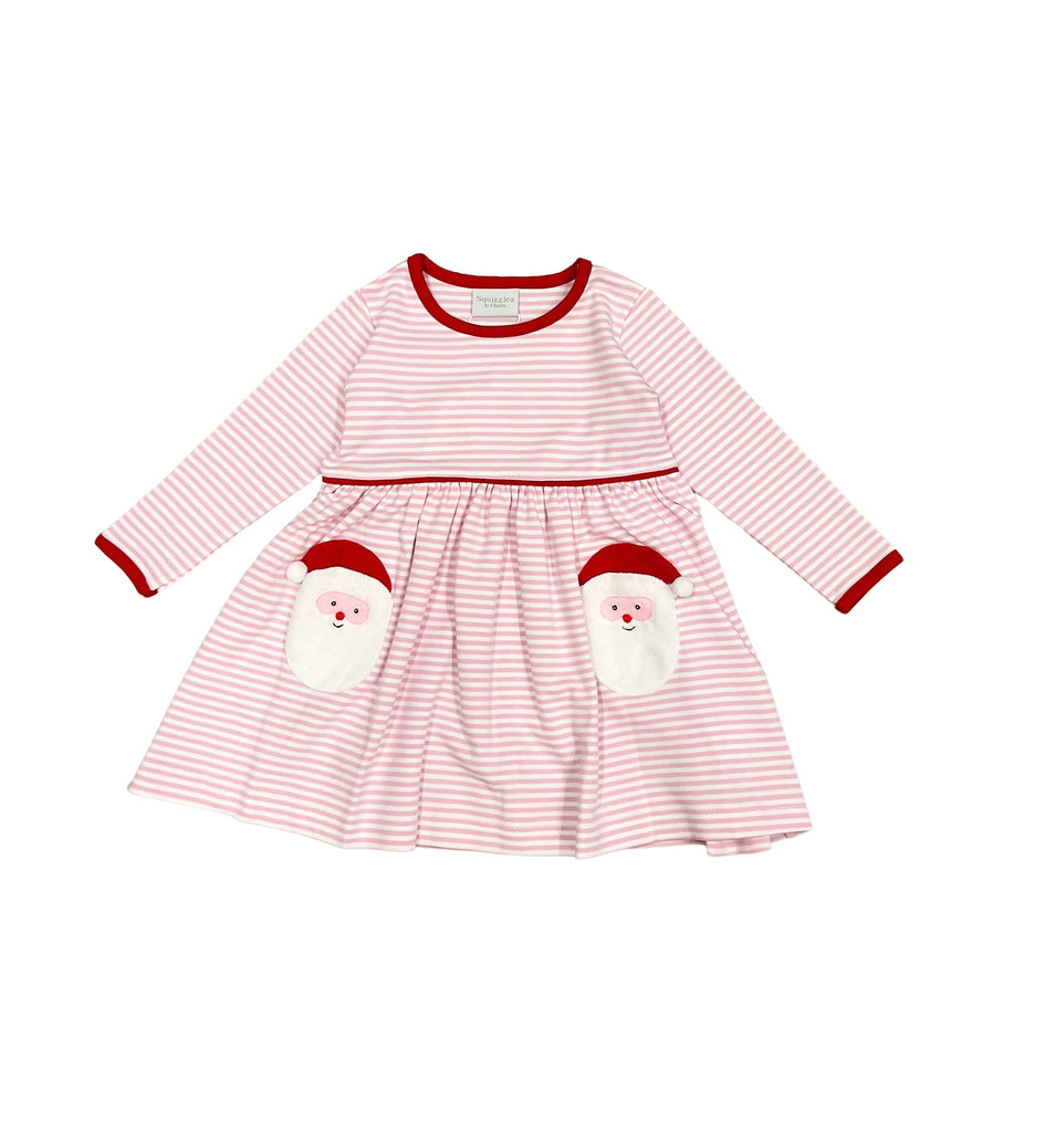 Squiggles Sherpa Santa Pockets Popover Dress, Pink Stripe with Red Trim