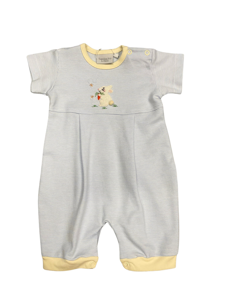 Squiggles Bunny with Carrot Romper, Light Blue Stripe & Yellow Trim