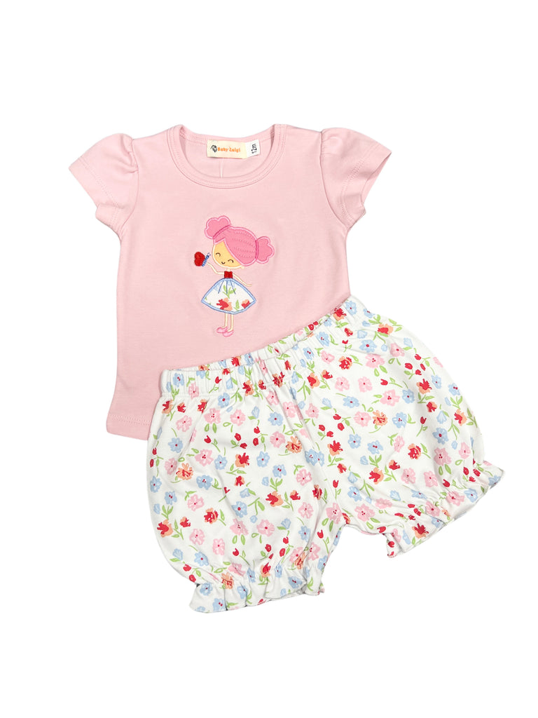 Luigi Short Set, Girl with Butterfly on Lt Pink with Flower Print Short