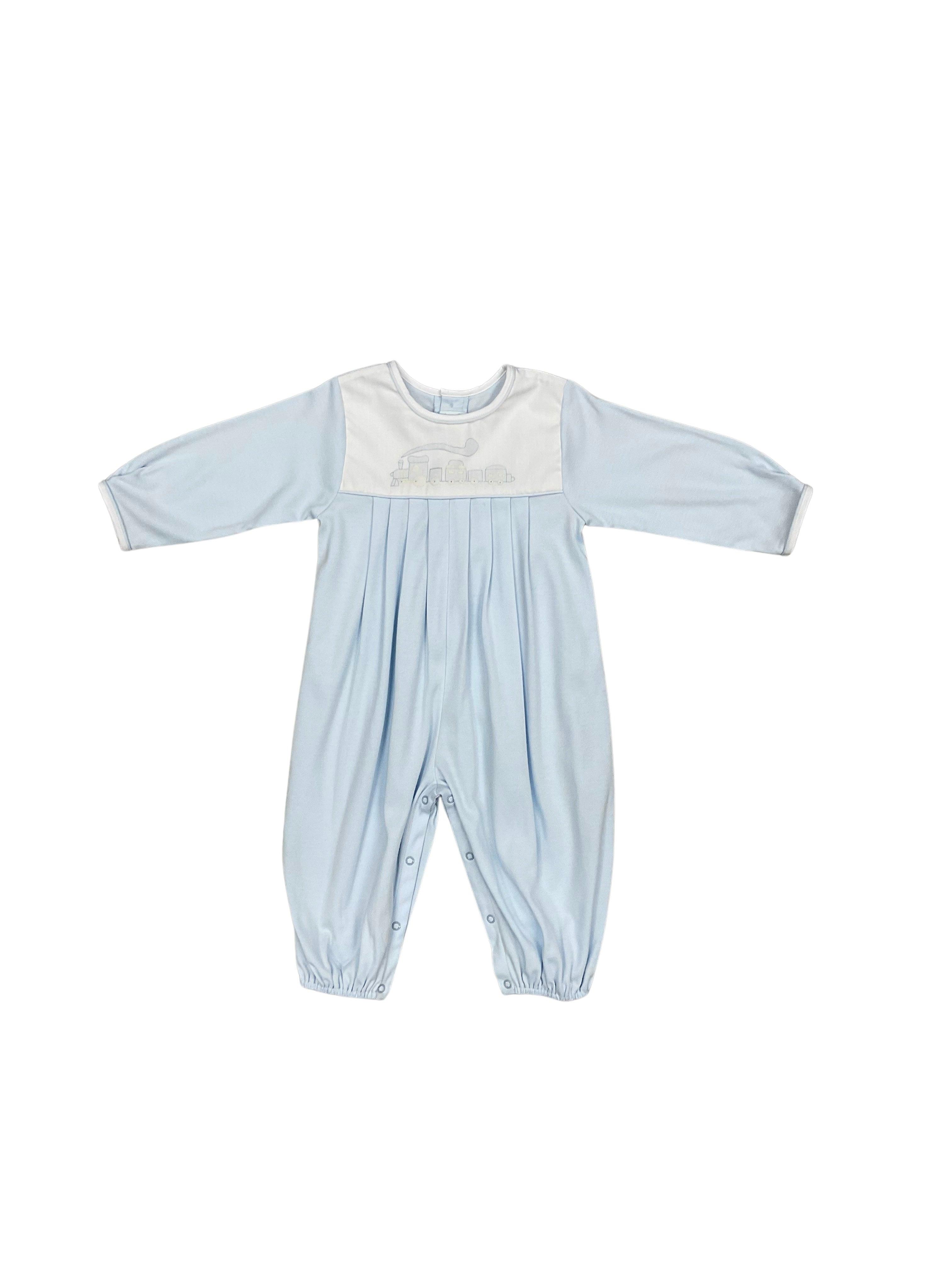 Auraluz Blue Knit Longall with Blue Train Embroidery - shopnurseryrhymes