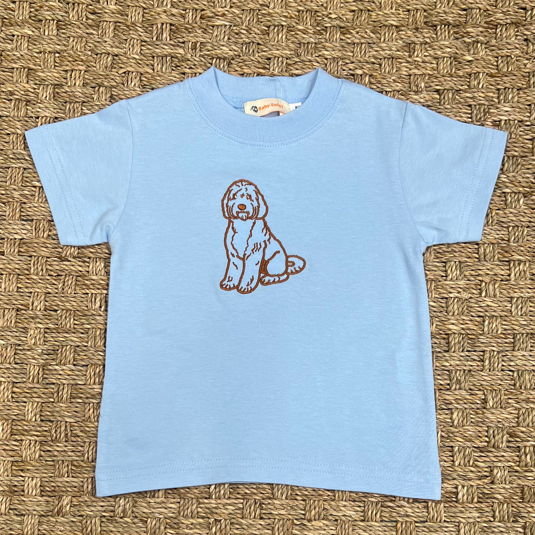 Luigi Tee, Golden Doodle Outline on Light Sky Blue